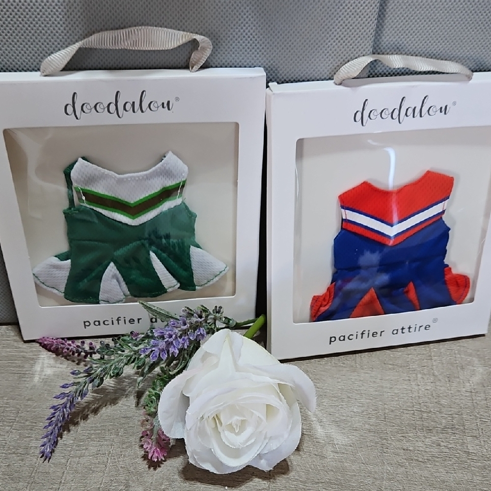 Doodalou Pacifier Attire Set Green/White & Blue/Red & Lamb Pacifier Holder